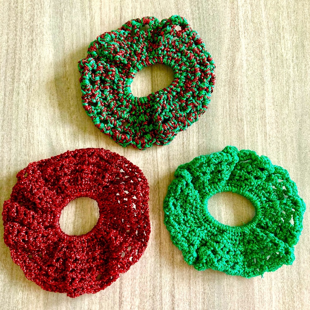 Handmade Crochet Hair Scrunchies Set - Holiday colors!